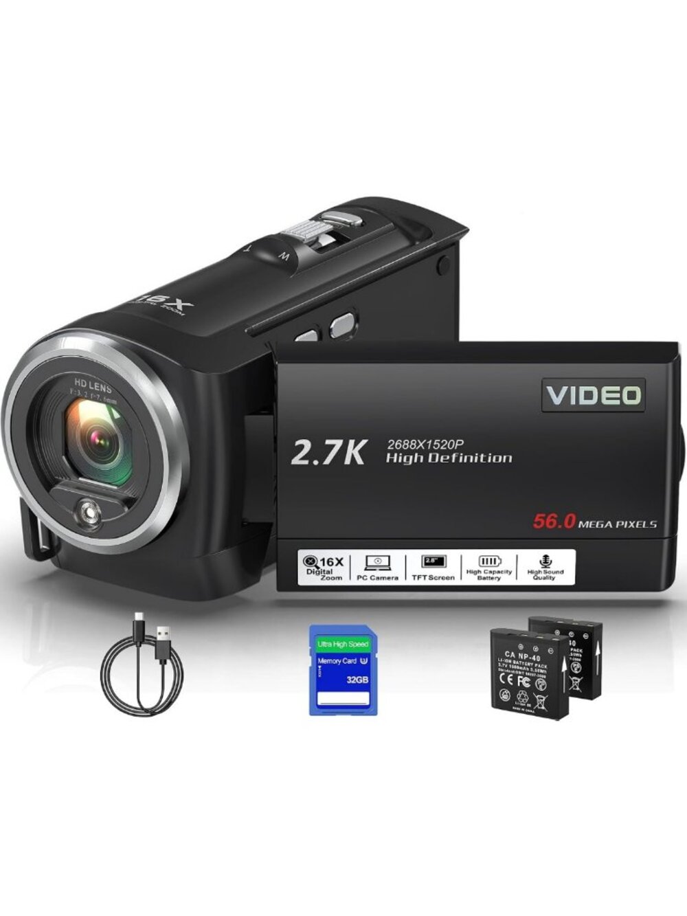 QHD 2.7K Camcorder with 56MP, 16X Zoom - Perfect for Vlogging & Streaming